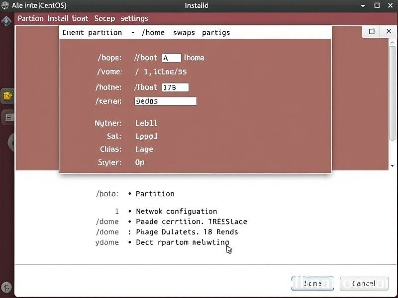 展示CentOS 7/8安装过程中的分区配置界面?</p>
<p>??包含/boot、/、/home和swap分区的详细设置,以及网络配置?</p>
<p>?项